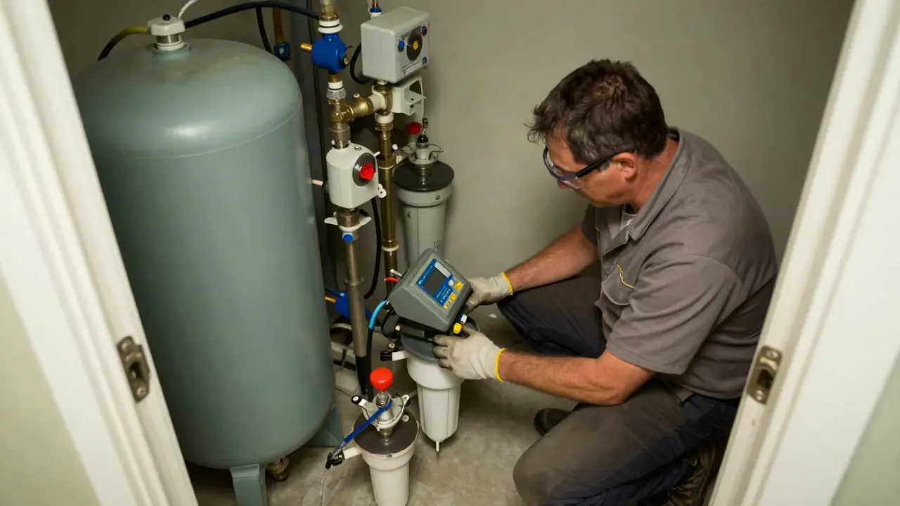 Water Softener in Diamond Bar, California: water treatment technician setting up specialized diagnostic equipment near a