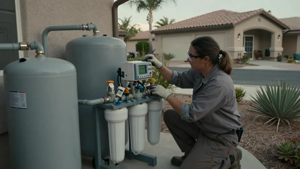 Softener Valve and Control Head Repair in Diamond Bar, California: water treatment technician testing the electronic cycling