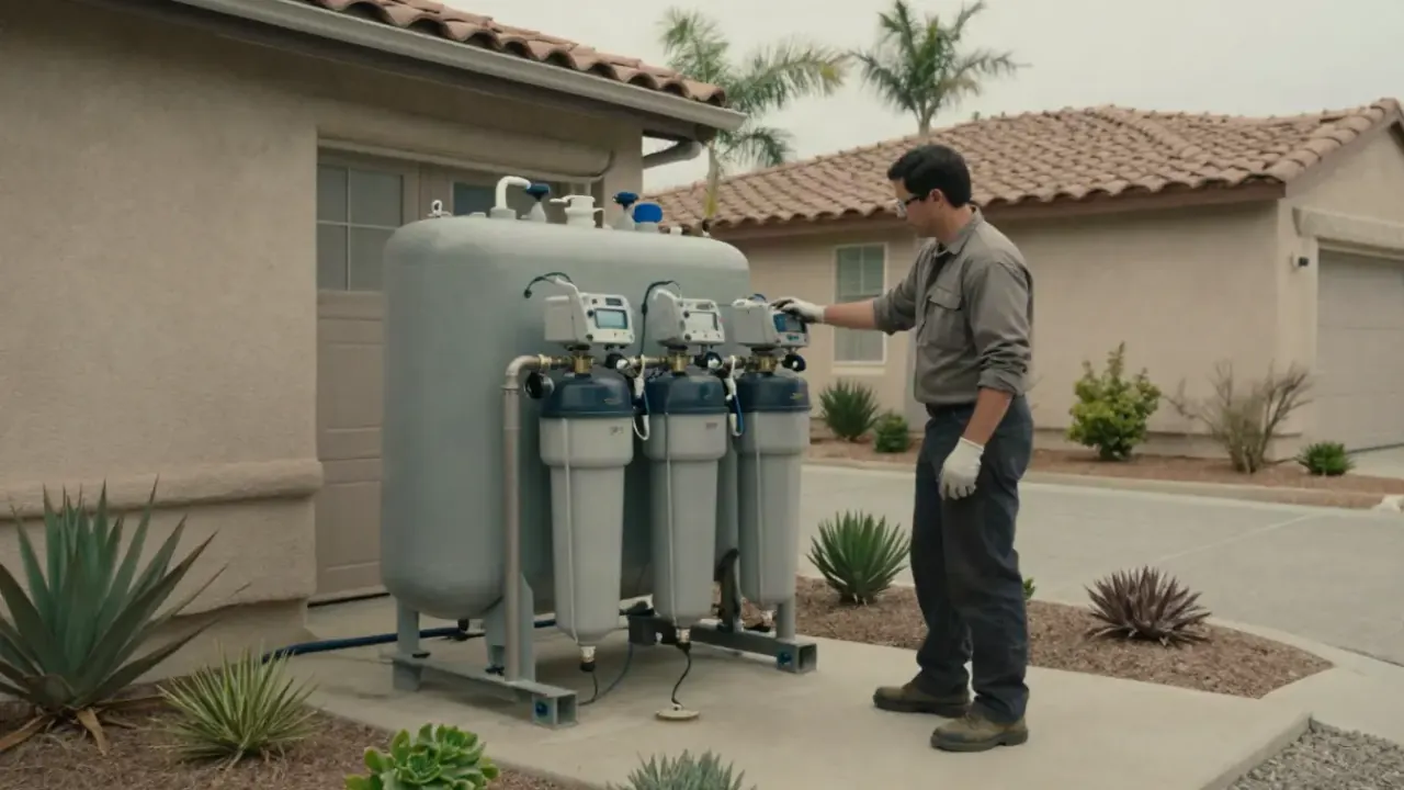 Water Softener in Diamond Bar, California: wide shot of a technician explaining the functions of a whole-house filtration