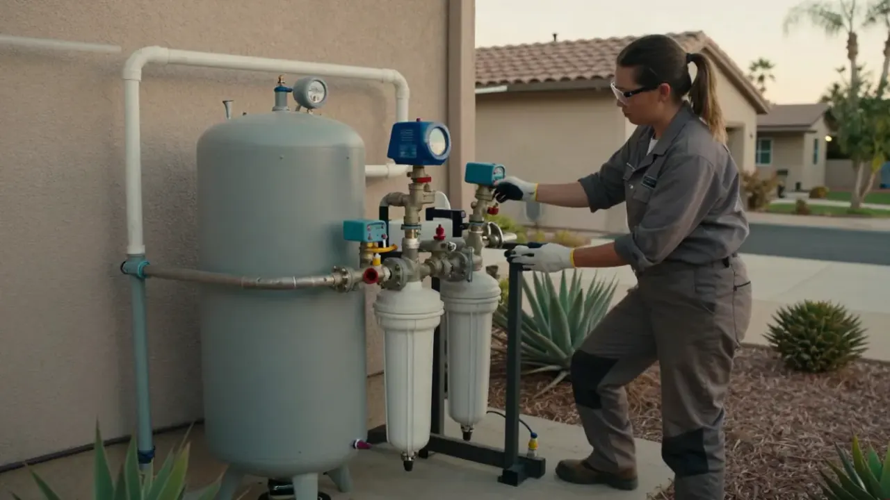 Water Softener in Diamond Bar, California: Detailed shot of a perfectly plumbed bypass valve assembly connected to a water