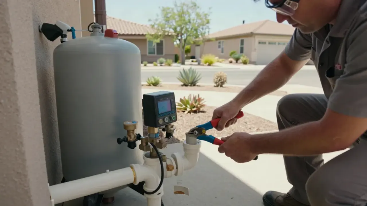 Water Softener in Diamond Bar, California: Close-up of a technician's hands using a pipe cutter to precisely trim a PVC pipe